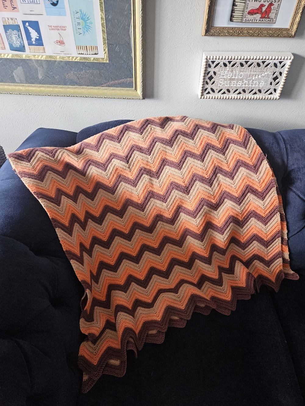 Vintage MCM Chevron Woven Afghan Blanket Throw